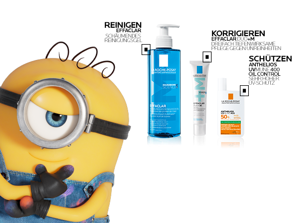 La Roche Posay Effaclar Reinigungsgel, Lotion und Sonnenschutz, mit Minion-Charakter.
